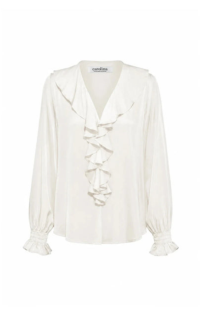 Alyssa Ruffle V-Neck Long Sleeve Top Ivory - Pre Order