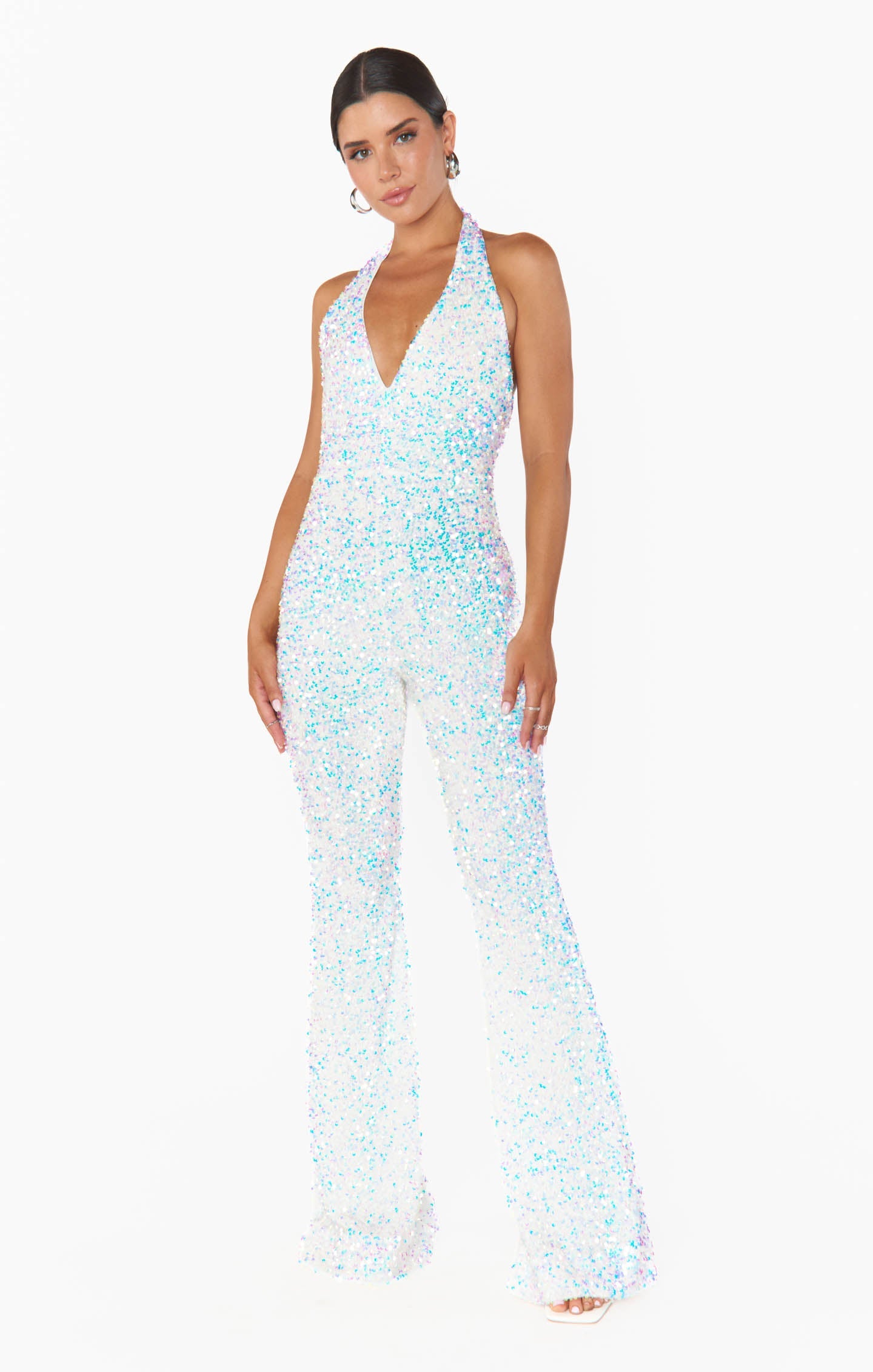 Studio Halter Jumpsuit ~ White Sparkle Sequins