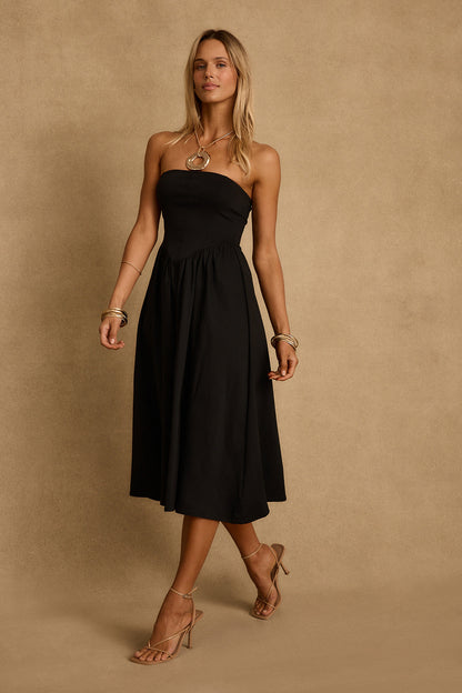 Blaire Strapless Drop Waist Midi Dress