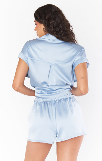 Glam Time Shorts ~ Steel Blue Luxe Satin