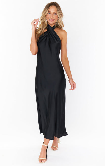 Jasmine Halter Midi Dress ~ Black Luxe Satin