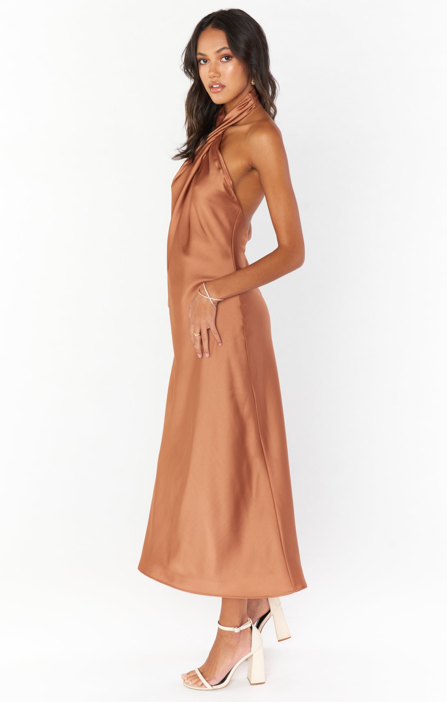 Jasmine Halter Midi Dress ~ Copper Luxe Satin