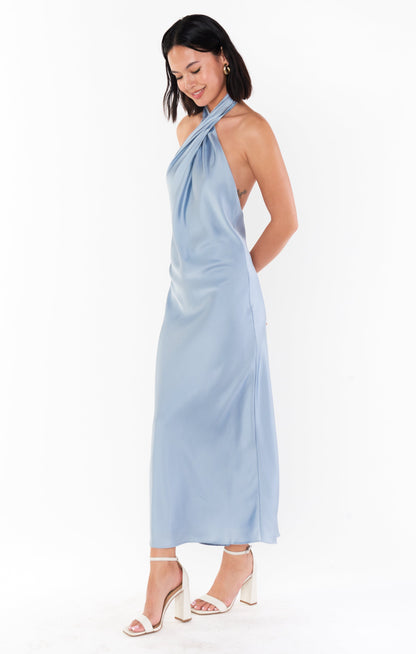 Jasmine Halter Midi Dress ~ Steel Blue Luxe Satin