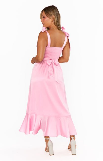 Garden Midi Dress ~ Light Pink Luxe Satin