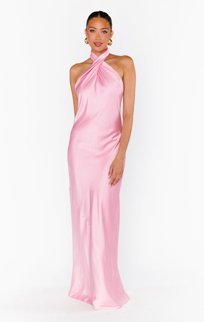 Jasmine Halter Maxi Dress ~ Light Pink Luxe Satin