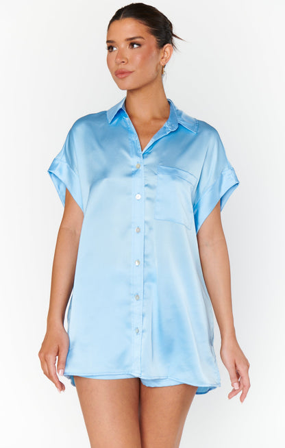 Best Day Button Up ~ Baby Blue Luxe Satin