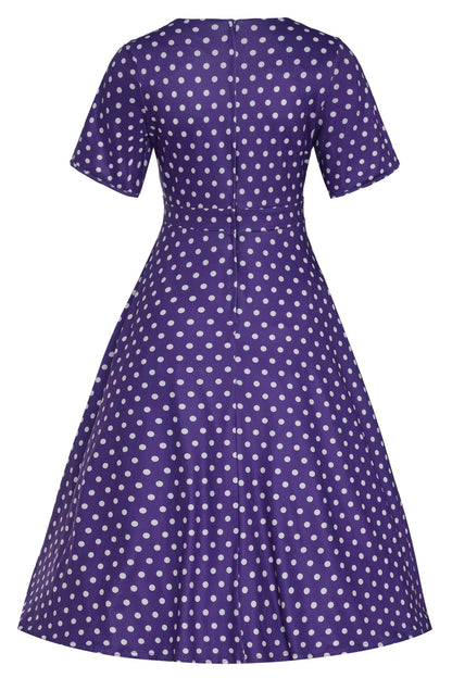 Janice Purple Polka Dot Sleeved Flared Tea Dress