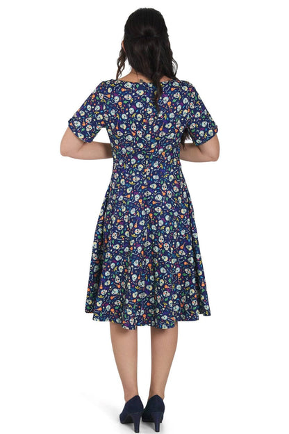 Brenda Navy Blue Flare Dress in Day of the Dead Sugar Skulls