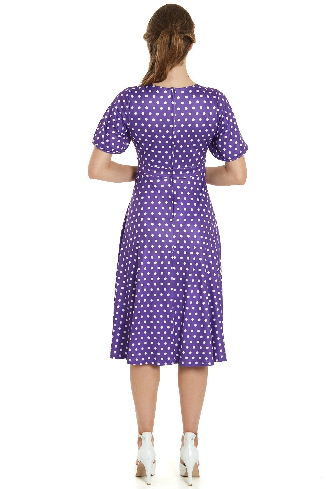 Janice Purple Polka Dot Sleeved Flared Tea Dress