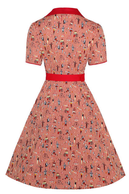 Penelope Red Vintage Circus Striped Shirt Dress