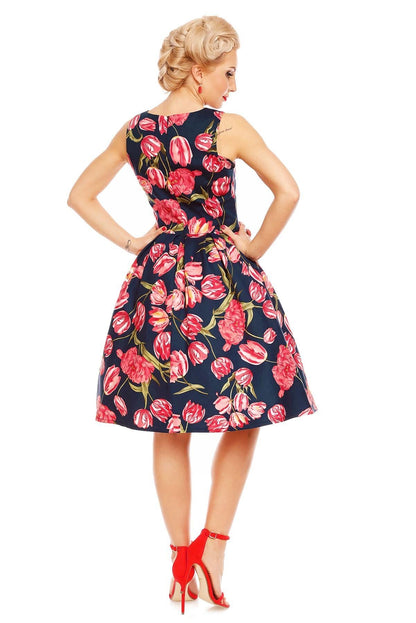 Annie Retro Tulip Floral Swing Dress in Blue-Pink