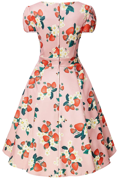 Claudia 50s Style Vintage Inspired Pink Strawberry Dress