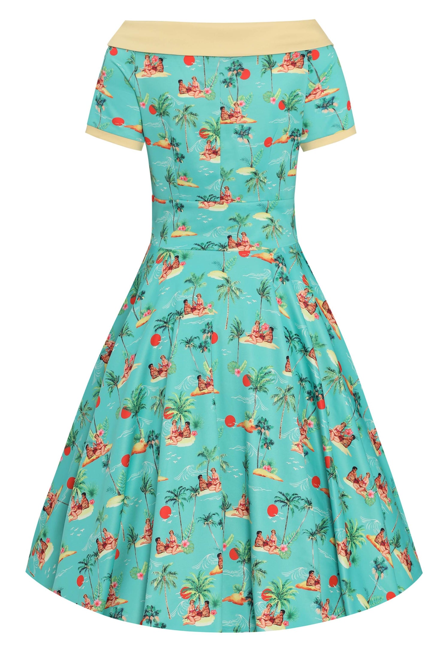 Darlene Turquoise Pinup Swing Dress in Tropical Island Print