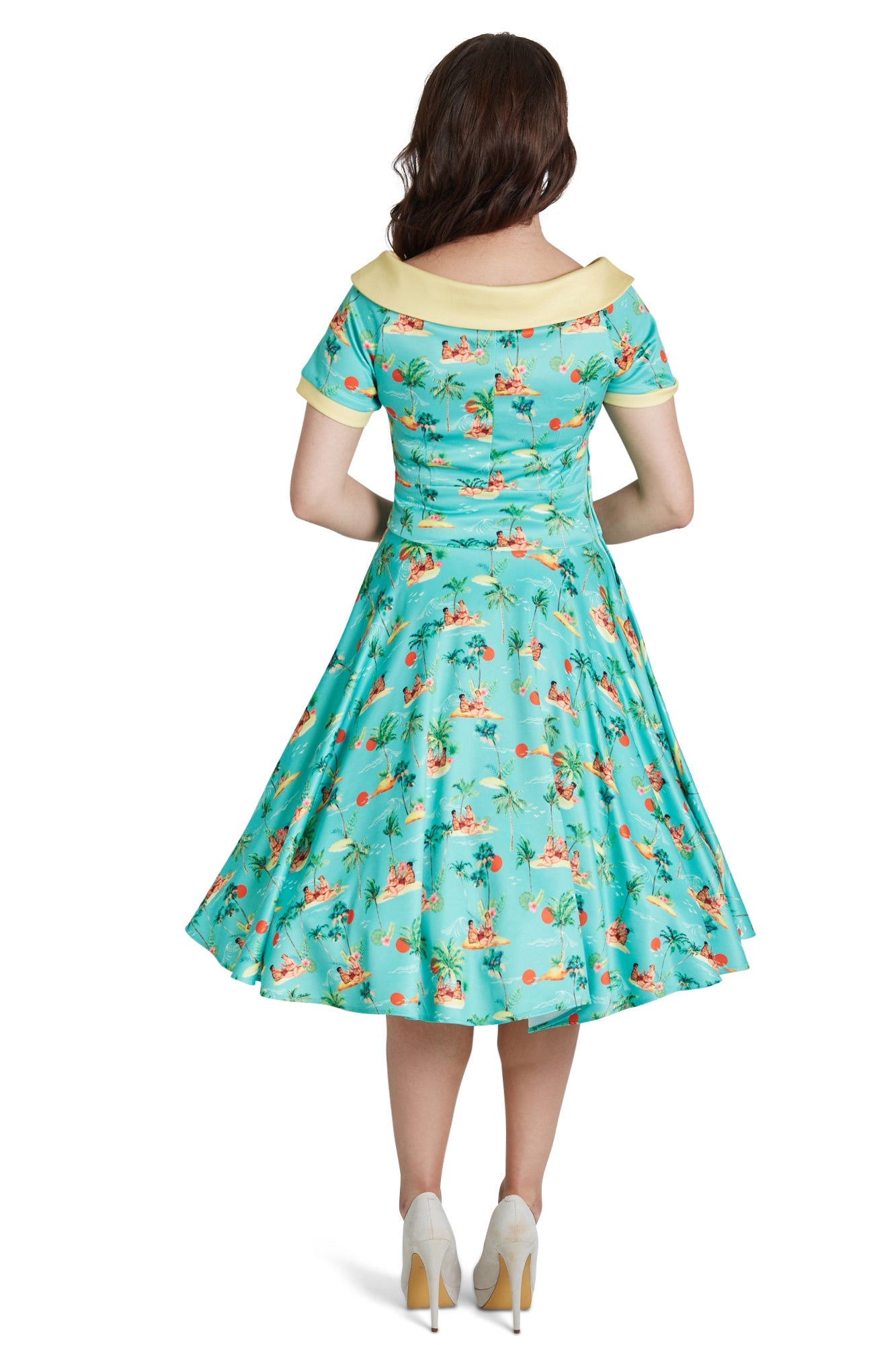 Darlene Turquoise Pinup Swing Dress in Tropical Island Print