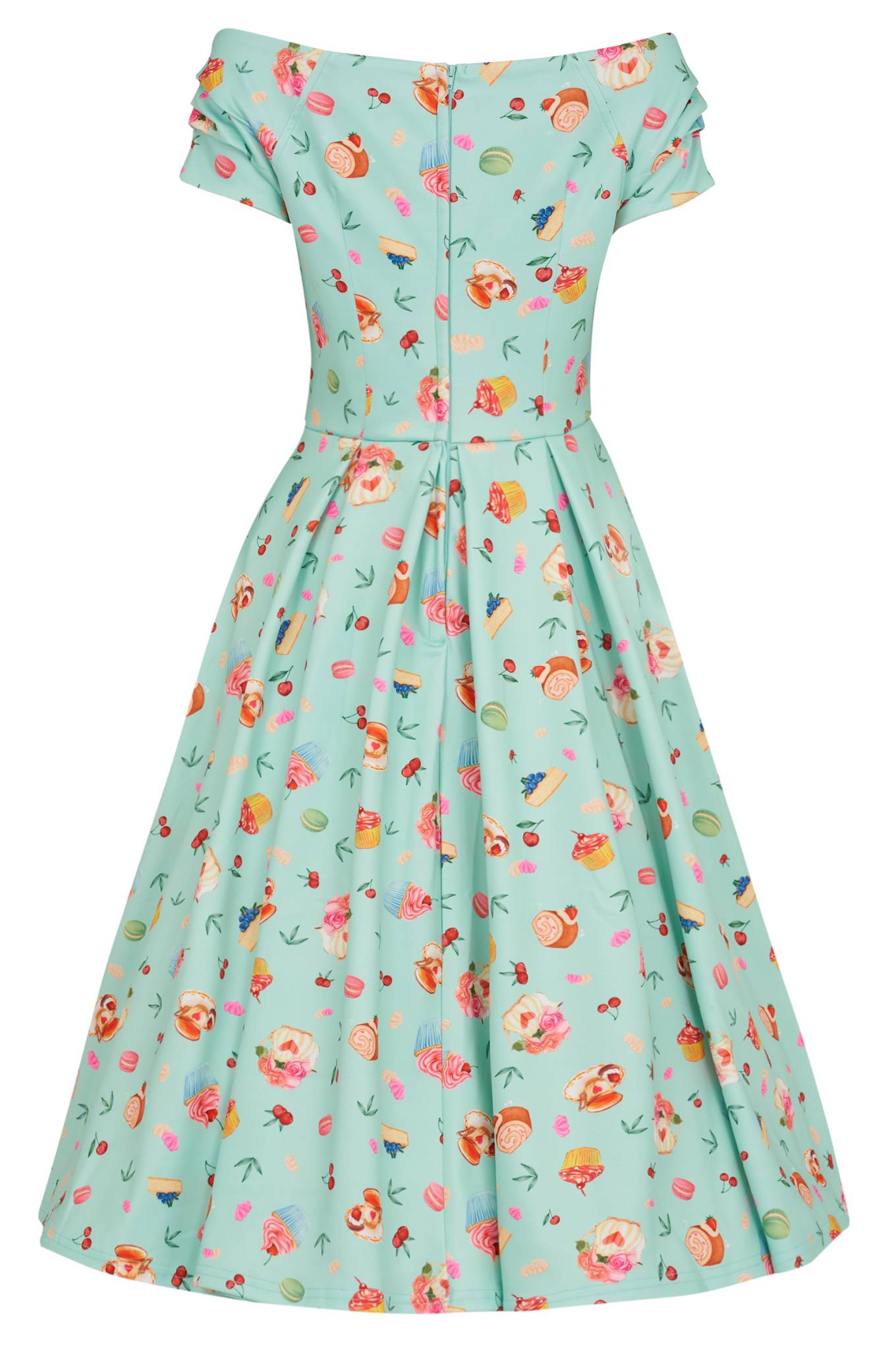 Lily Off Shoulder Dress In Pastel Afternoon Tea Cakes Print