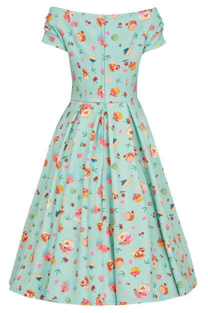 Lily Off Shoulder Dress In Pastel Afternoon Tea Cakes Print