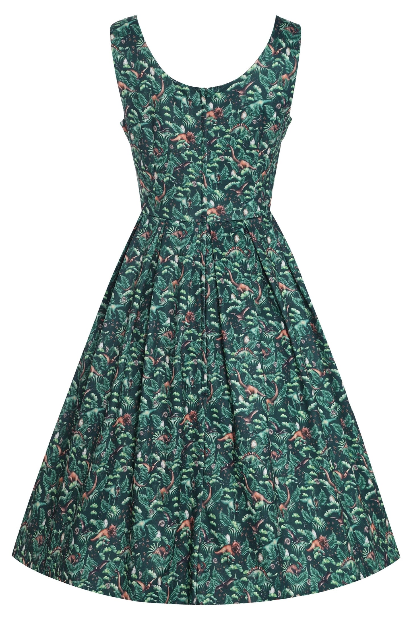 Amanda Dinosaur Forest Flared Dress in Dark Green