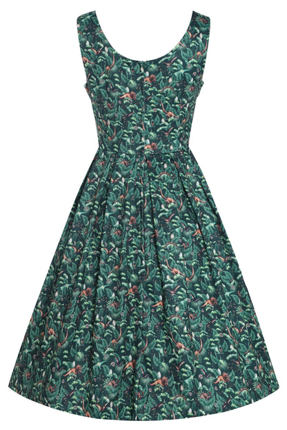 Amanda Dinosaur Forest Flared Dress in Dark Green