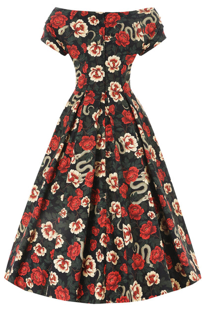 Lily Rockabilly Snake & Rose Off Shoulder Dress