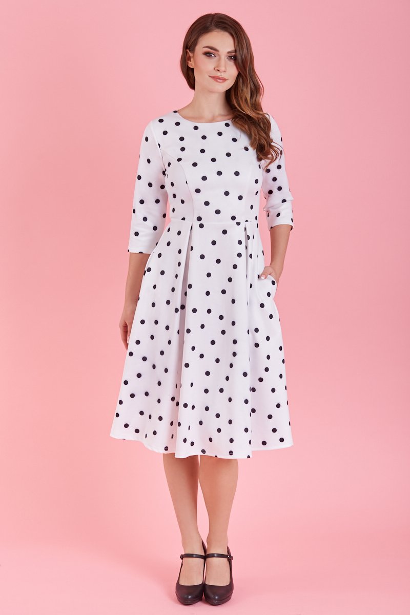 Beatrix Long Sleeved White/Black Polka Dot Midi Dress