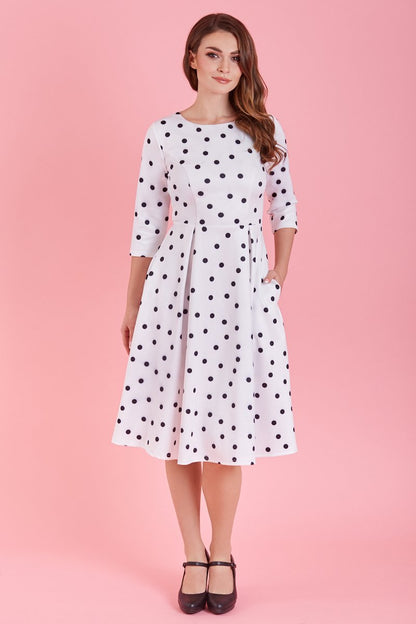 Beatrix Long Sleeved White/Black Polka Dot Midi Dress