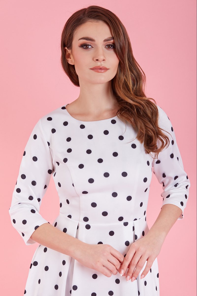 Beatrix Long Sleeved White/Black Polka Dot Midi Dress