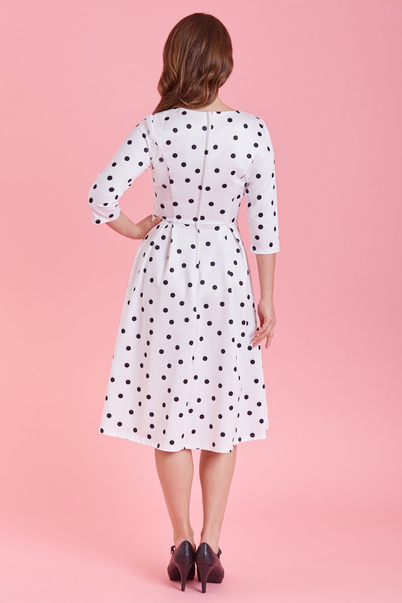 Beatrix Long Sleeved White/Black Polka Dot Midi Dress