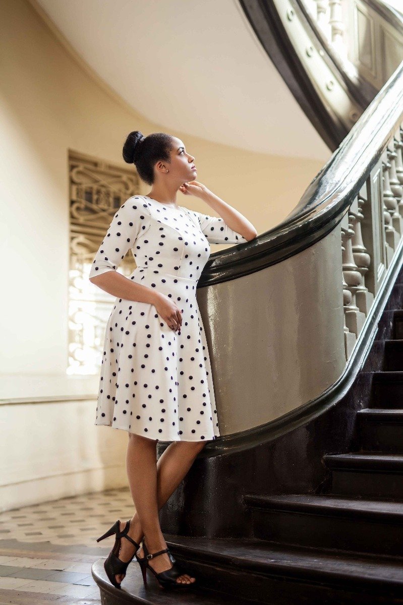 Beatrix Long Sleeved White/Black Polka Dot Midi Dress