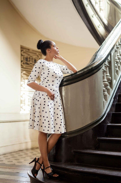 Beatrix Long Sleeved White/Black Polka Dot Midi Dress