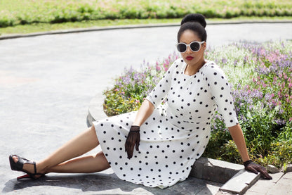 Beatrix Long Sleeved White/Black Polka Dot Midi Dress