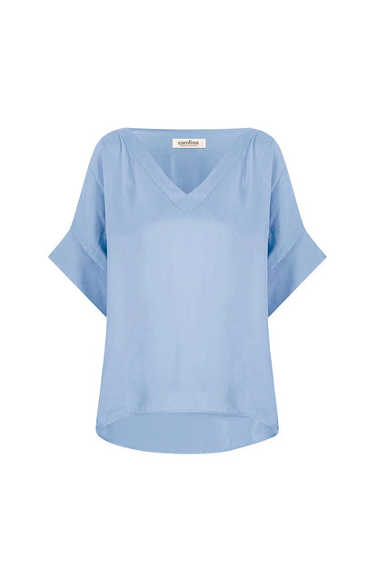 Bianca Short Sleeve Top Blue Grey with V Neck