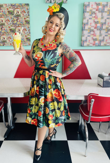 Amanda Black Tropical Fruits Print Pleated Dress