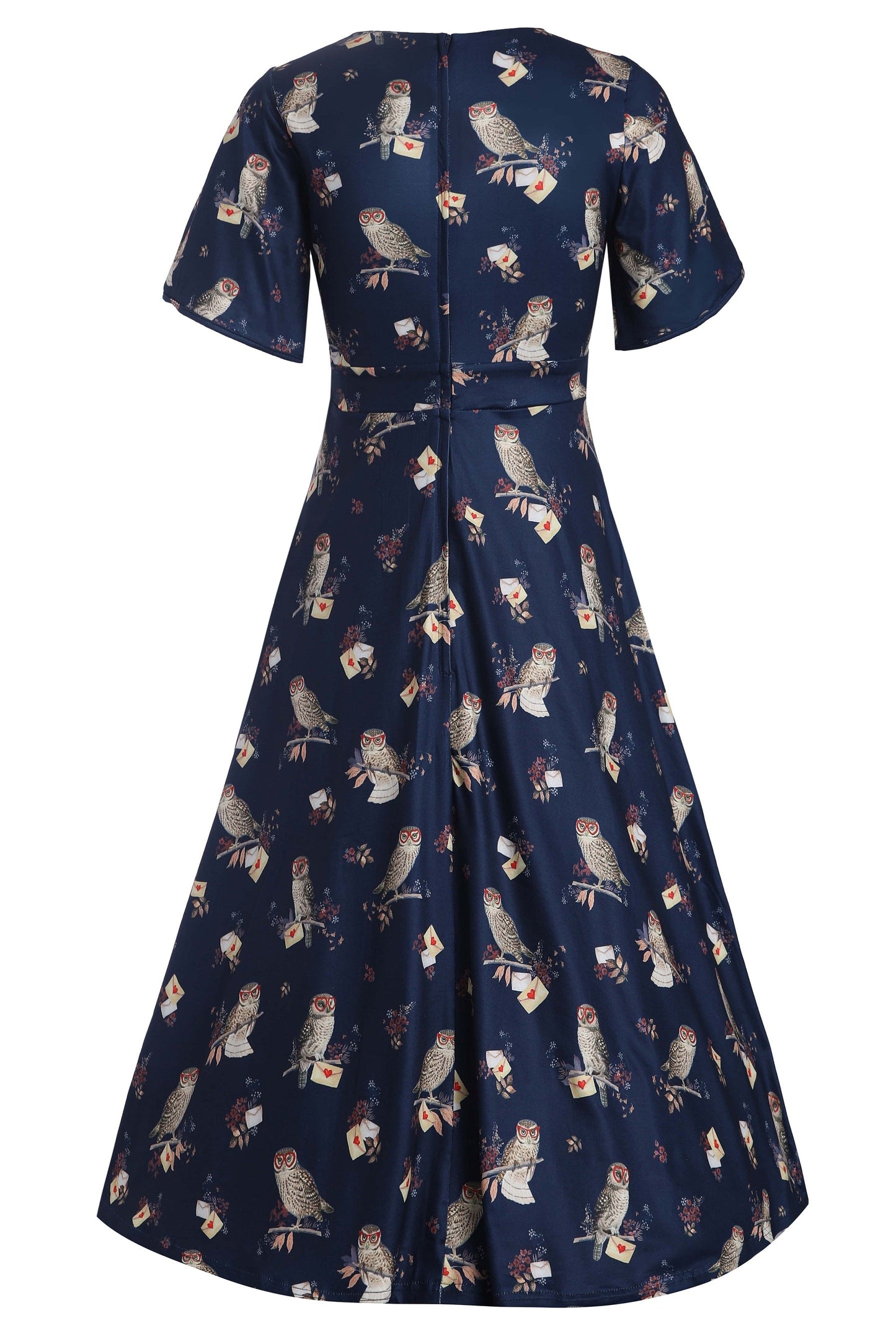 Janice Dark Blue Sleeved Flared Tea Dress In Owl Print