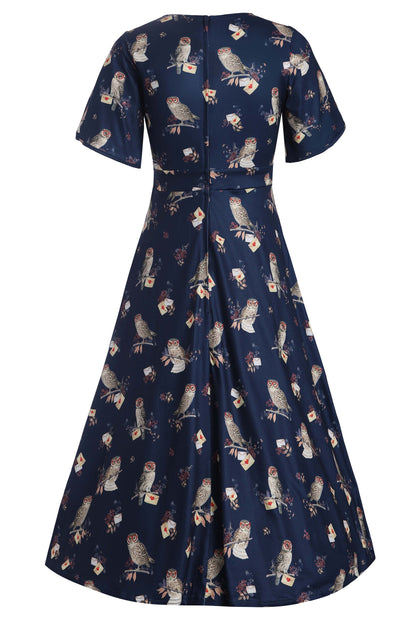 Janice Dark Blue Sleeved Flared Tea Dress In Owl Print