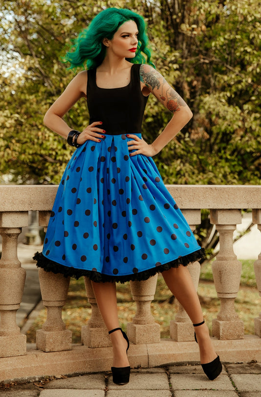 Amanda Blue & Black Polka Dot Flared Dress