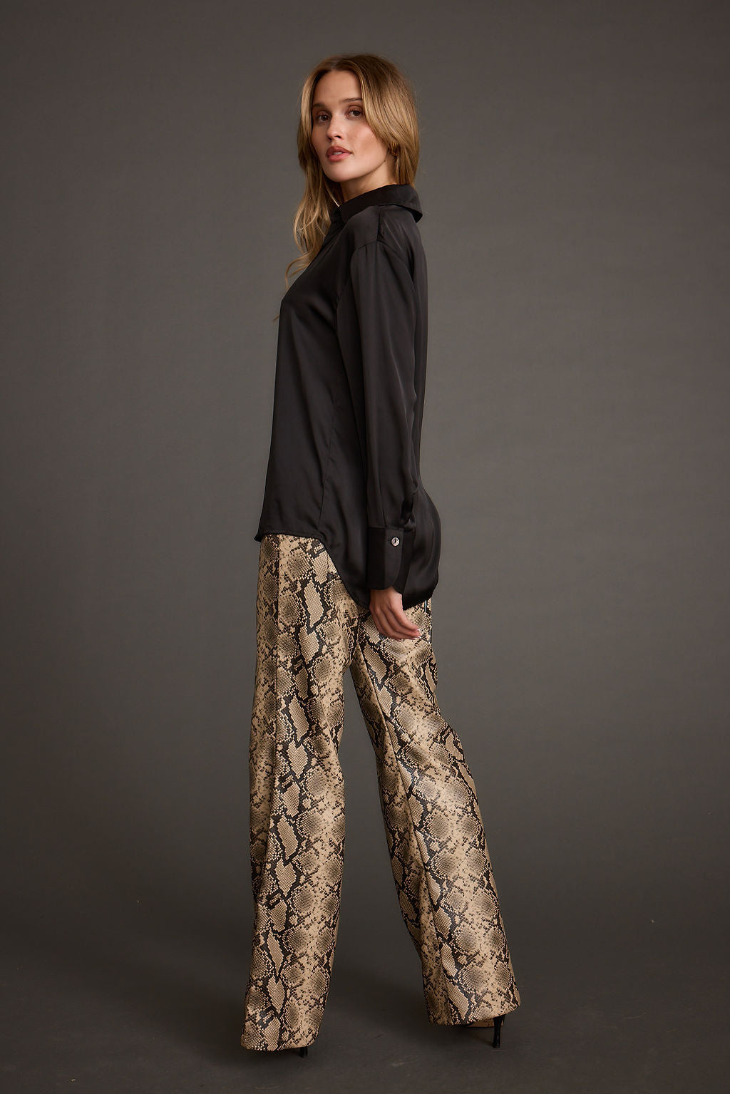Cash Black Satin Button Down Top