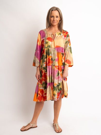 Gypsy Style Panel Dress in Orange Pink