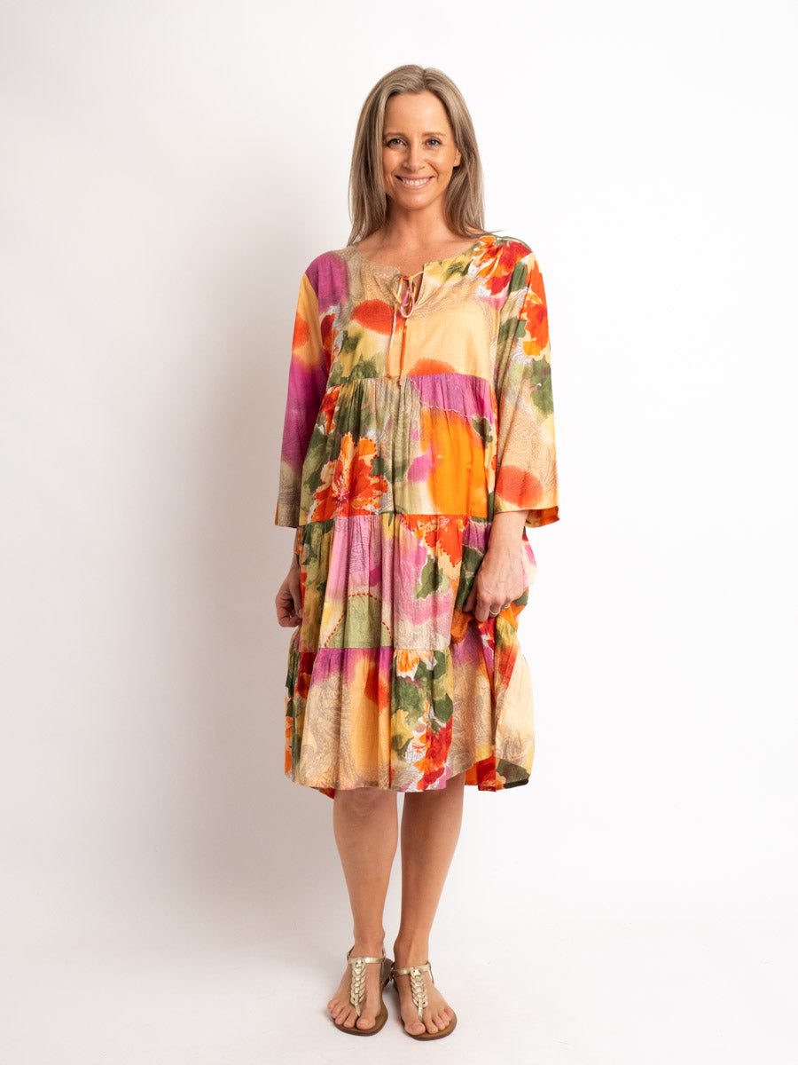 Gypsy Style Panel Dress in Orange Pink