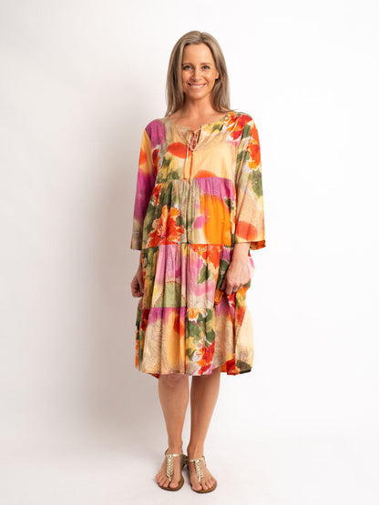 Gypsy Style Panel Dress in Orange Pink