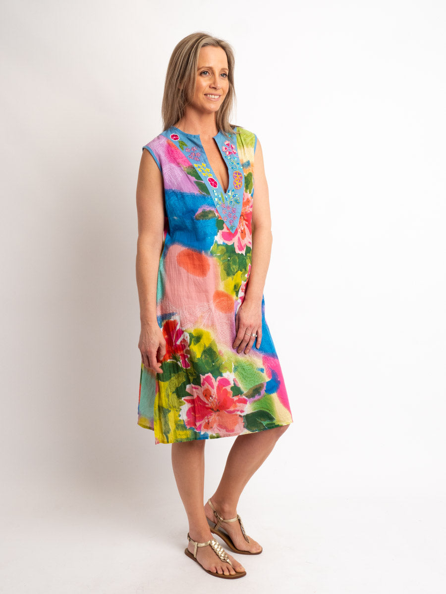 Sleeveless Shift Dress With Embellished V-neck in Pastel Pink, Blue and Lime