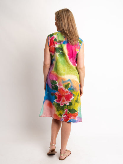 Sleeveless Shift Dress With Embellished V-neck in Pastel Pink, Blue and Lime