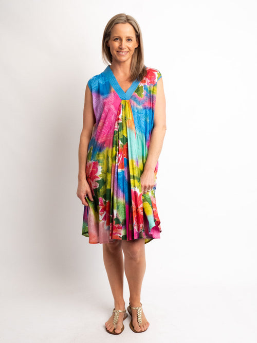 Sleeveless A-line Dress in Pink/Blue Pastel