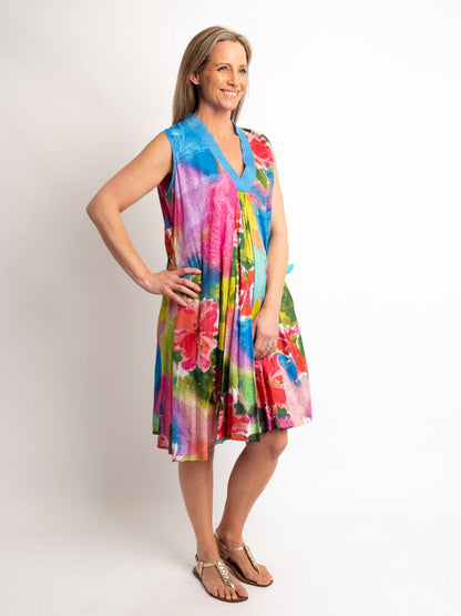 Sleeveless A-line Dress in Pink/Blue Pastel