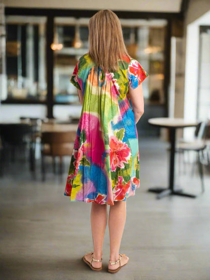 A-line Cap Sleeve Dress in Pink/Blue Pastel