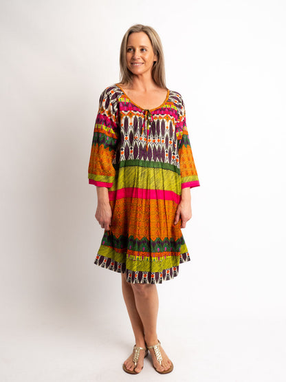 Round Neck Knee-length Dress with  3/4 Raglan Sleeve in Fiesta Print