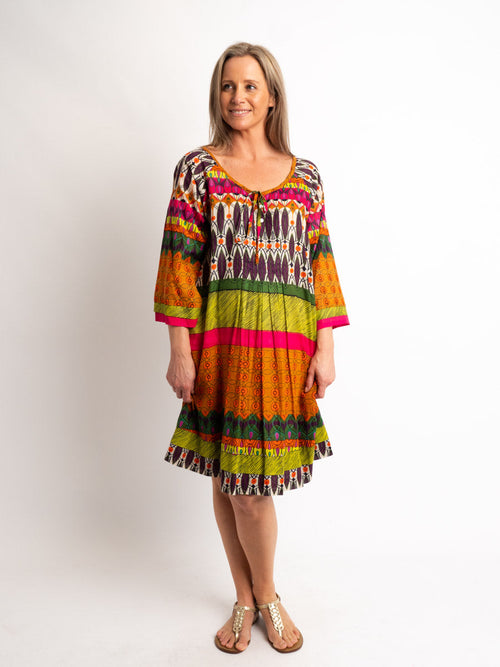 Round Neck Knee-length Dress with  3/4 Raglan Sleeve in Fiesta Print