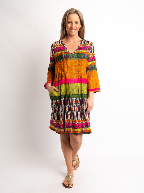 V-neck Dress with 3/4 sleeve in Fiesta Print