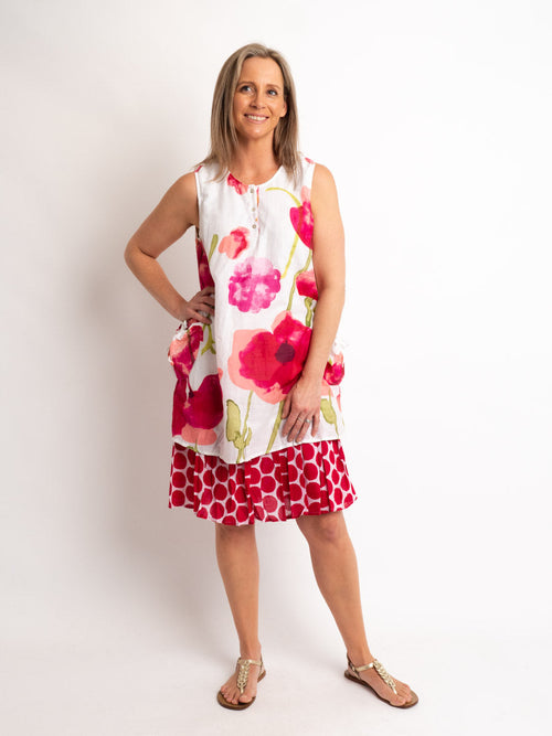Lined Sleeveless Orpheus Dress in Pink Poppy Print