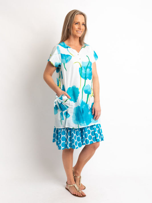 Orpheus Lined Cap Sleeve Dress in Blue Poppy Print