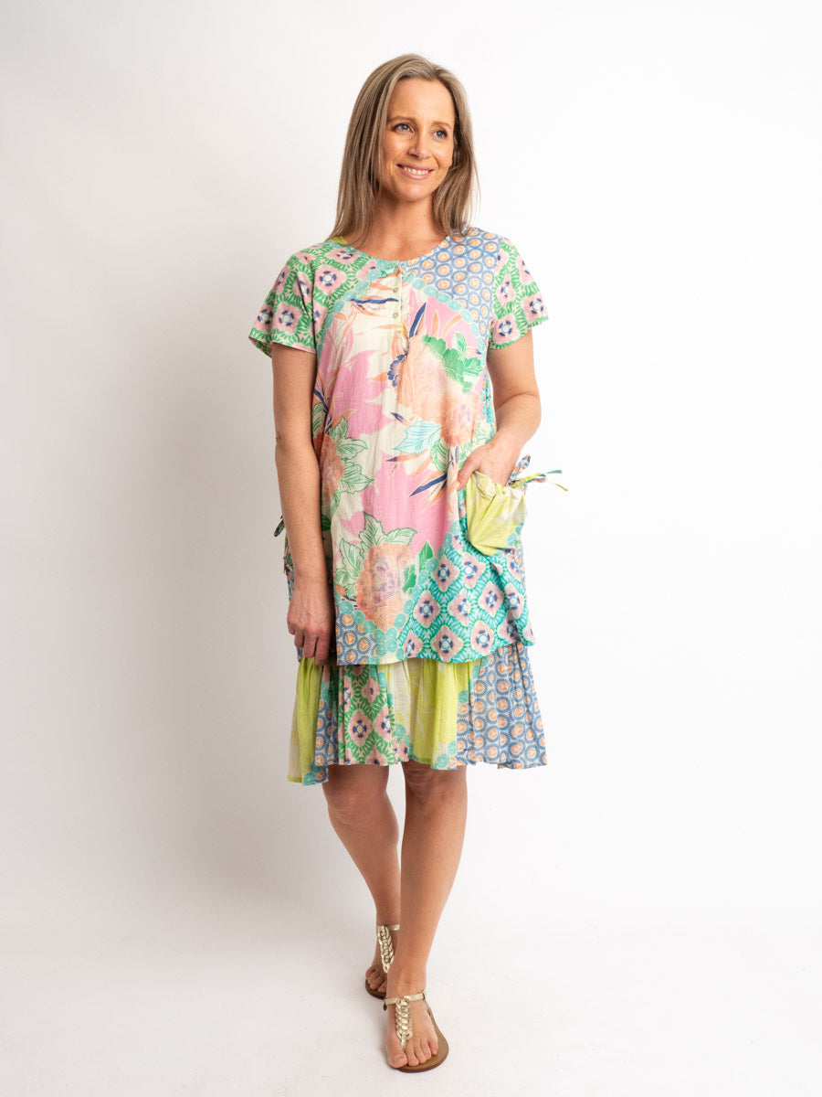 Orpheus Lined Cap Sleeve Dress in Pink/lime Print